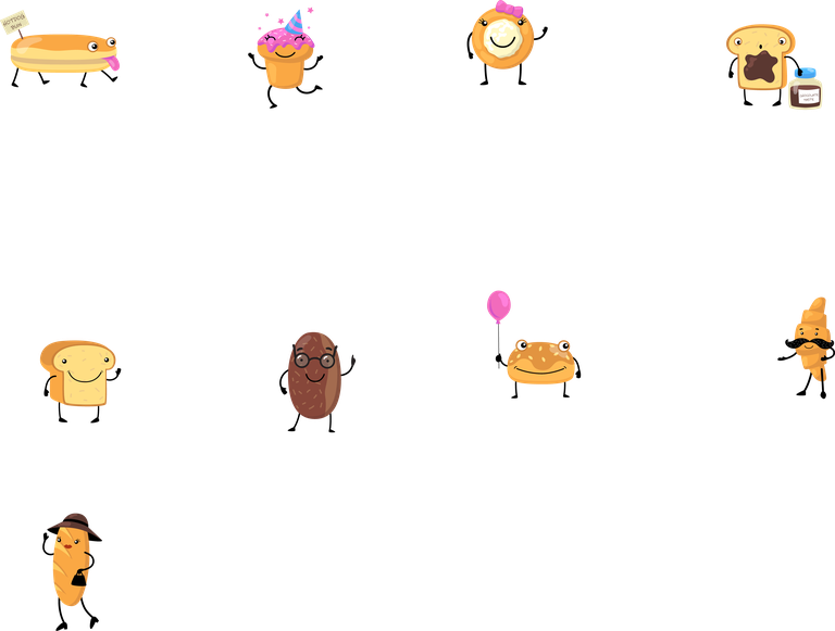 various funny bread characters celebrating with fun accessories and cute expressions
