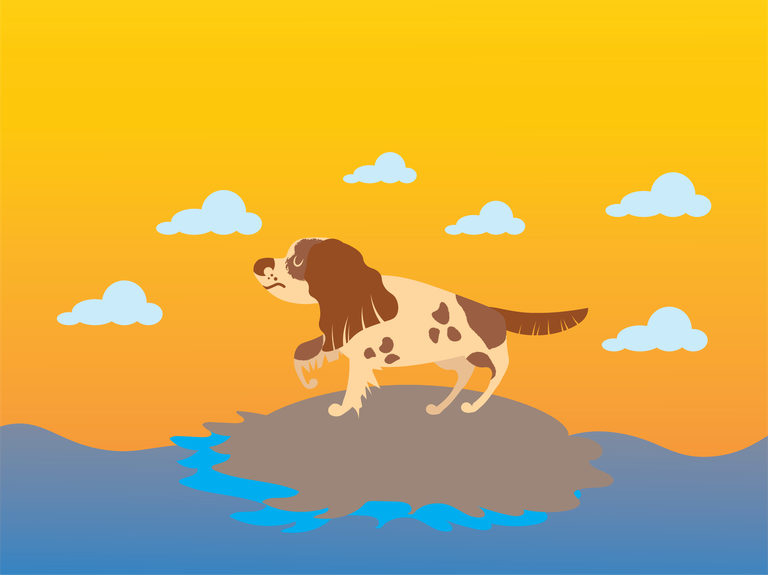 adorable pretty cartoon hound dog on a beach with sunset background and fluffy clouds