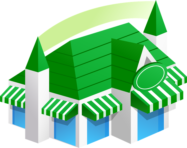 simple 3d building icon with green roof and striped awnings for retail settings