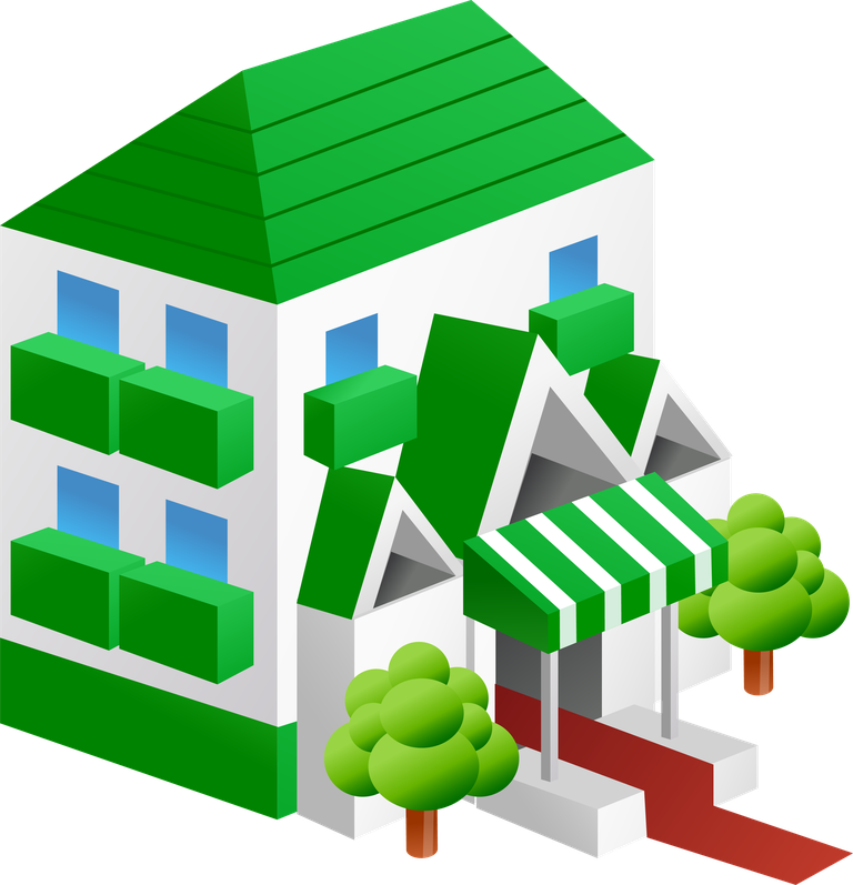 simple 3d building icon with green roof and welcoming entrance for urban environments