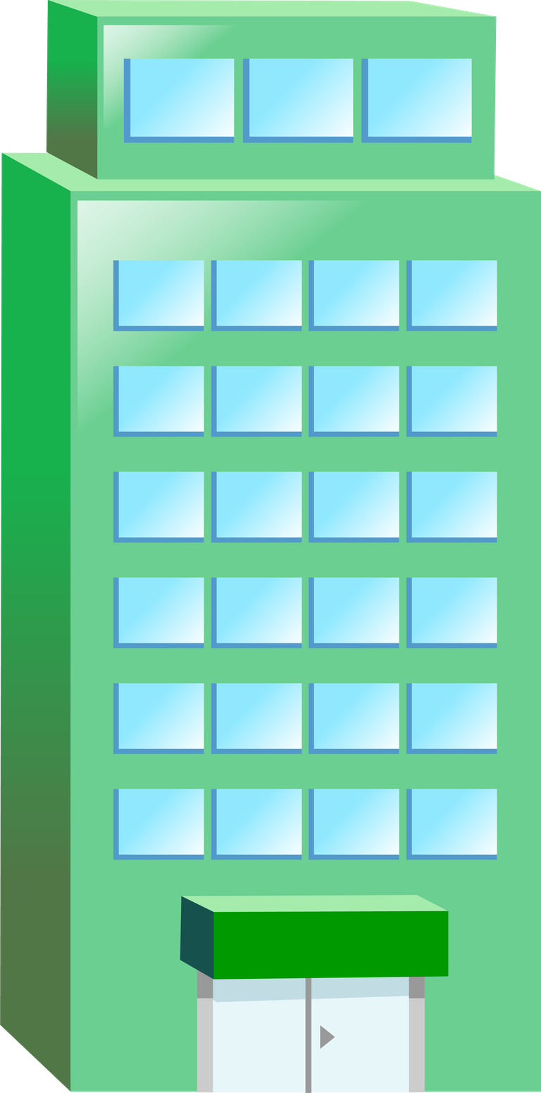 simple 3d building icon featuring a modern green skyscraper with reflective windows