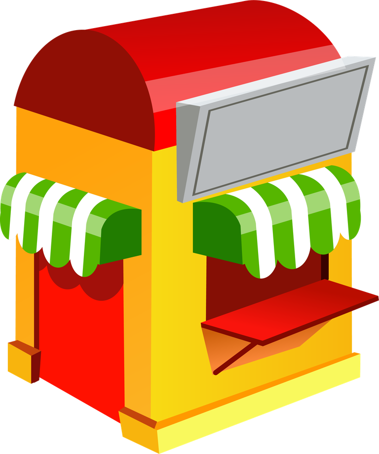 simple 3d building icon representing a colorful food stall with awnings for outdoor settings