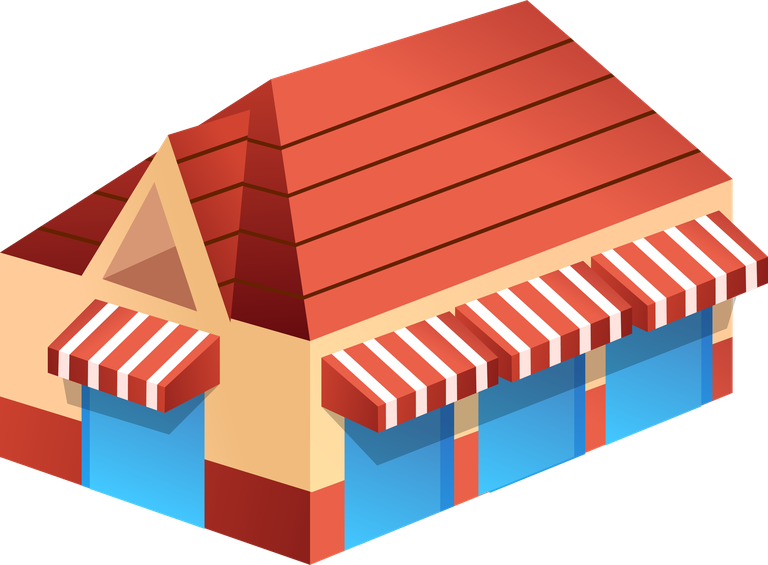 simple 3d building icon with striped awnings for modern urban applications