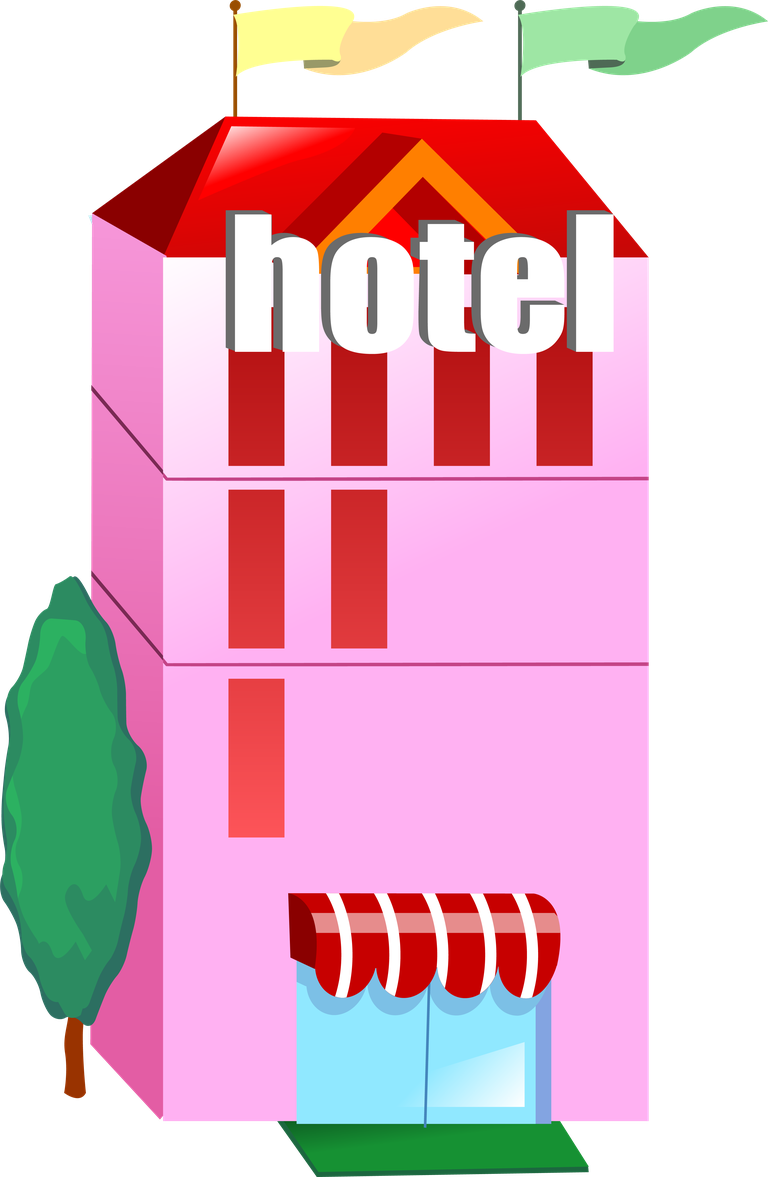 simple 3d building icon showcasing a colorful hotel with vibrant flags and a welcoming entrance