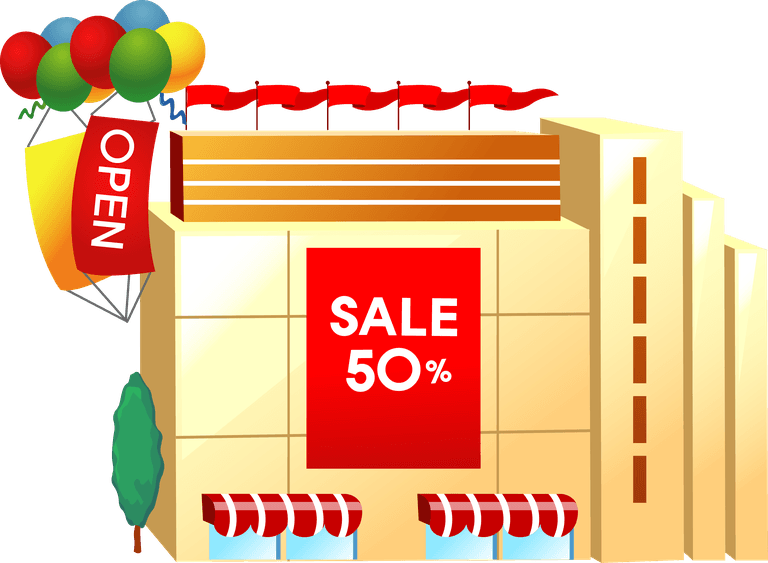 simple 3d building icon for retail stores with open sale promotion