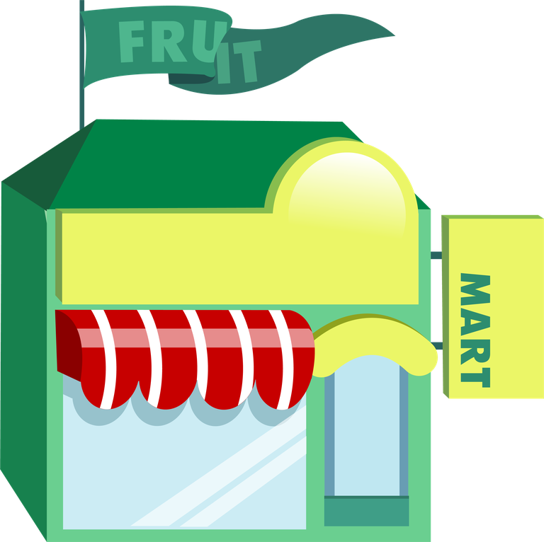 simple 3d building icon for a vibrant fruit mart storefront with colorful awning