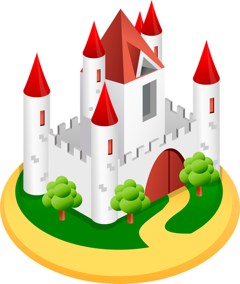 simple 3d building icon with vibrant castle features and lush surroundings for playful applications