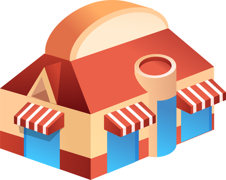 simple 3d building icon featuring a colorful storefront with awnings and a dome roof