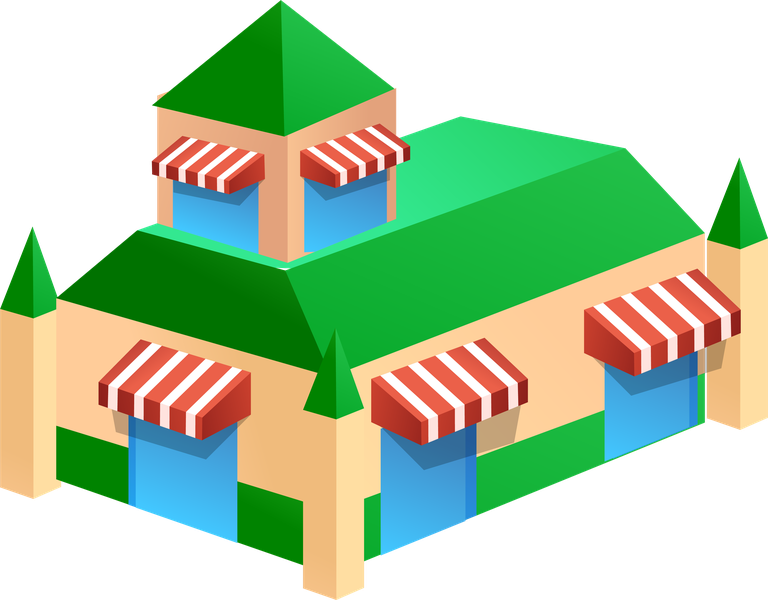 simple 3d building icon with colorful roofs and detailed features for playful environments