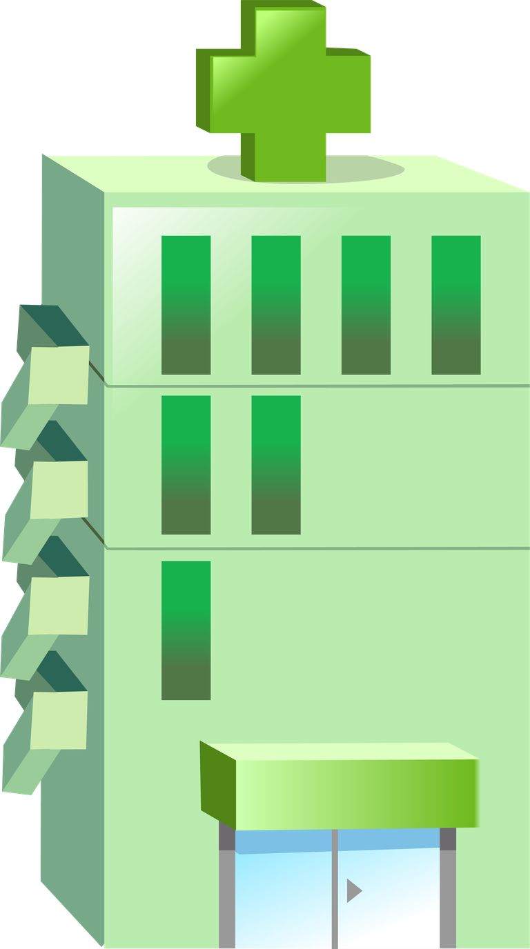 simple 3d building icon with green cross suitable for health-related applications