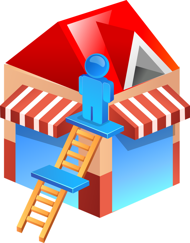 simple 3d building icon for home services with a person on a ladder