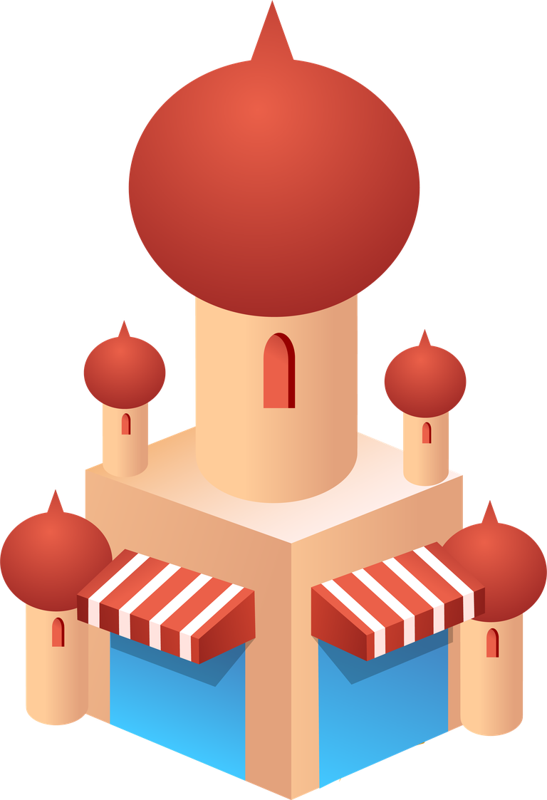 simple 3d building icon featuring a colorful market structure with domes and stalls