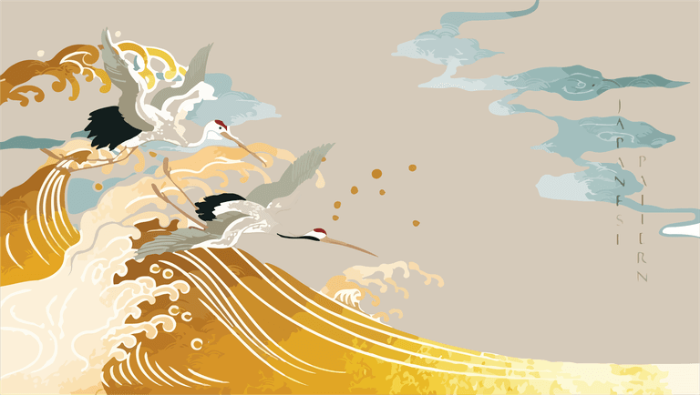 crane birds japanese background watercolor