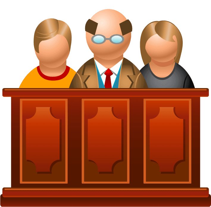 justice and crime courtroom scene with judge and jury members illustrated character design