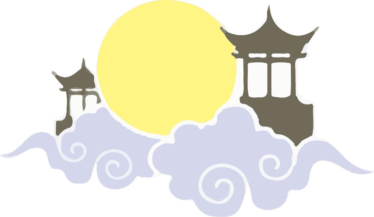 moon festival icons featuring serene pagodas and a glowing full moon on swirling clouds