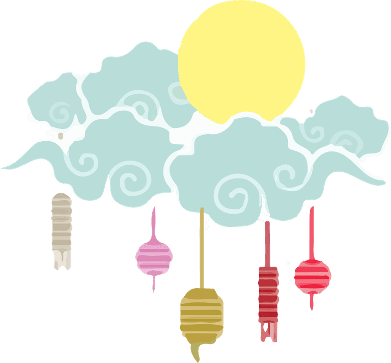 moon festival icons featuring colorful lanterns and clouds under a bright sun