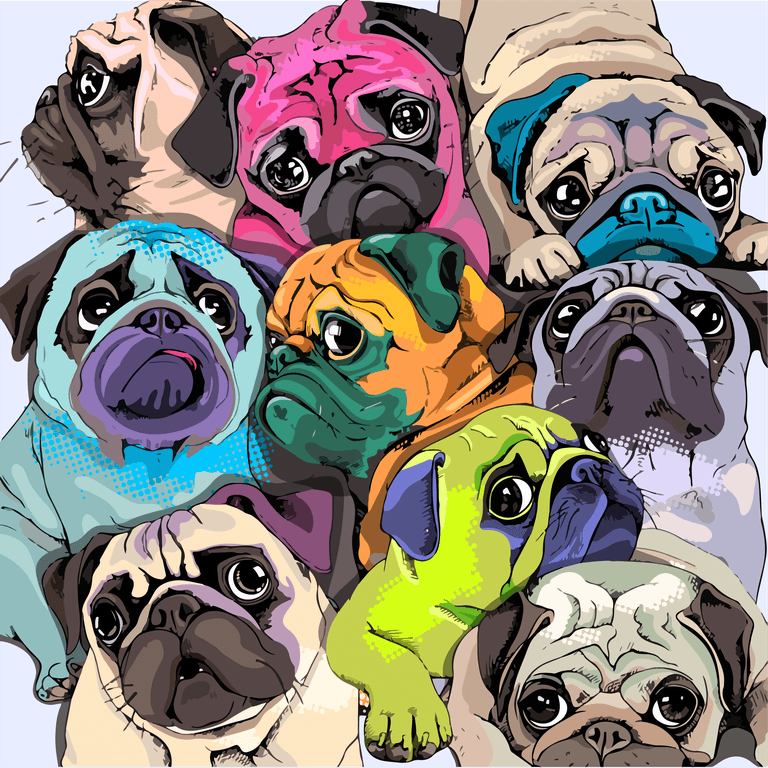 portrait many pugs composition bright coloring