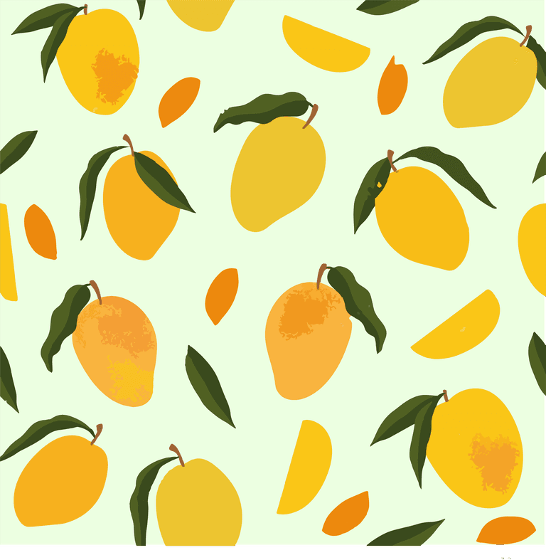 seamless pattern with fresh bright exotic whole and sliced mango isolated on white background