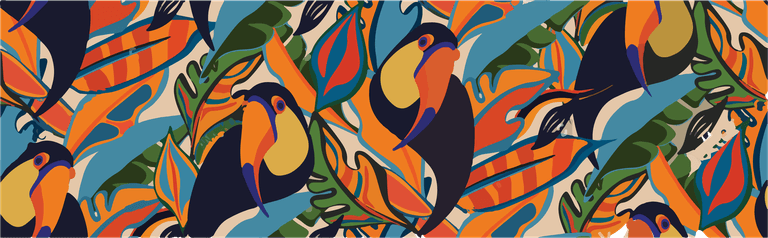 seamless textile trendy pattern with toucans on a branch in tropical nature in exotic with