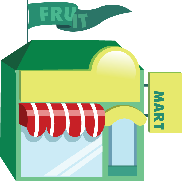 colorful shop building icon featuring a fruit mart with awning and signage