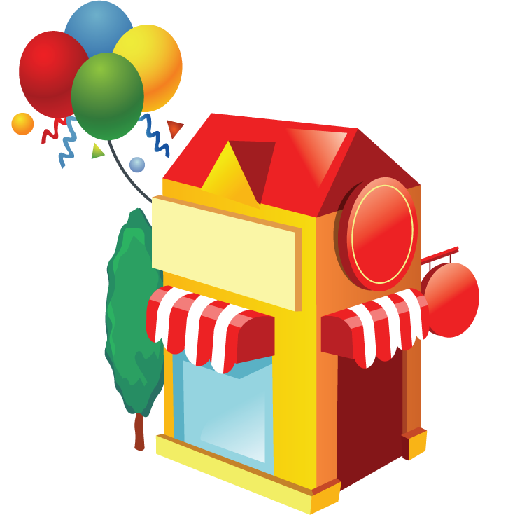 shop building icon with festive balloons and cheerful colors for retail branding