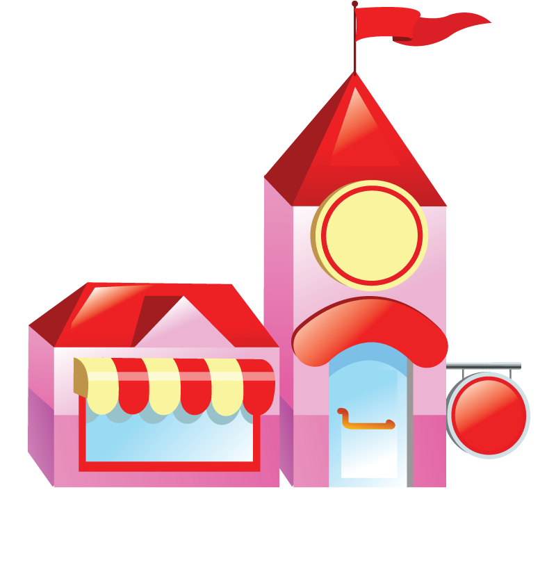 shop building icon featuring colorful architecture and playful elements for branding and apps