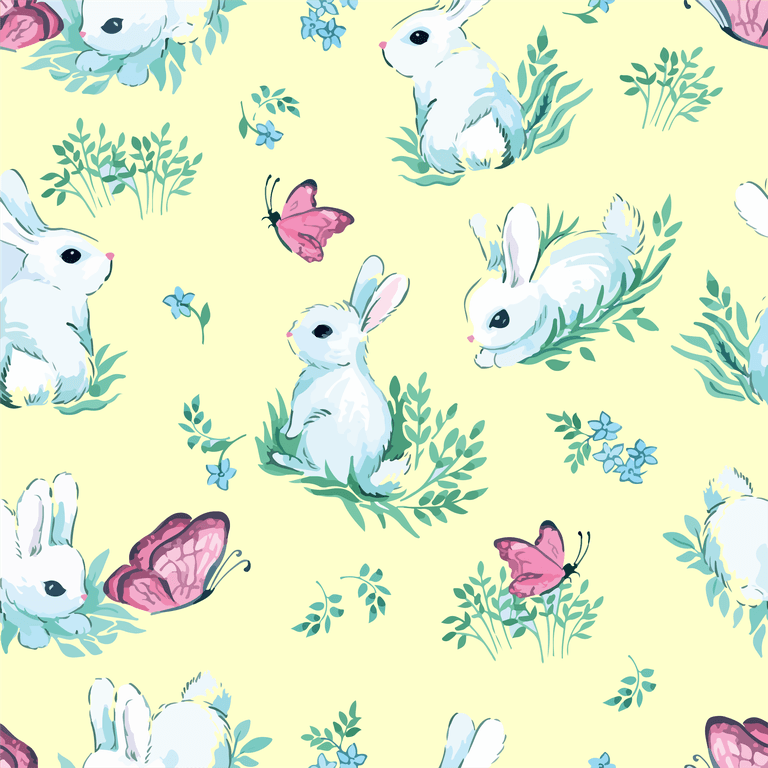 white rabbits butterflies on light blue