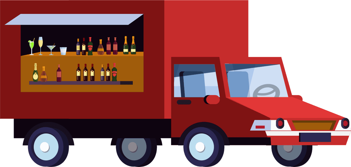 vehicles roadway icons collection featuring a colorful food truck with beverage display
