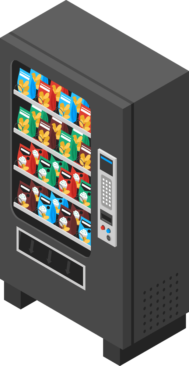 isometric vending machine and people interacting in a modern urban setting