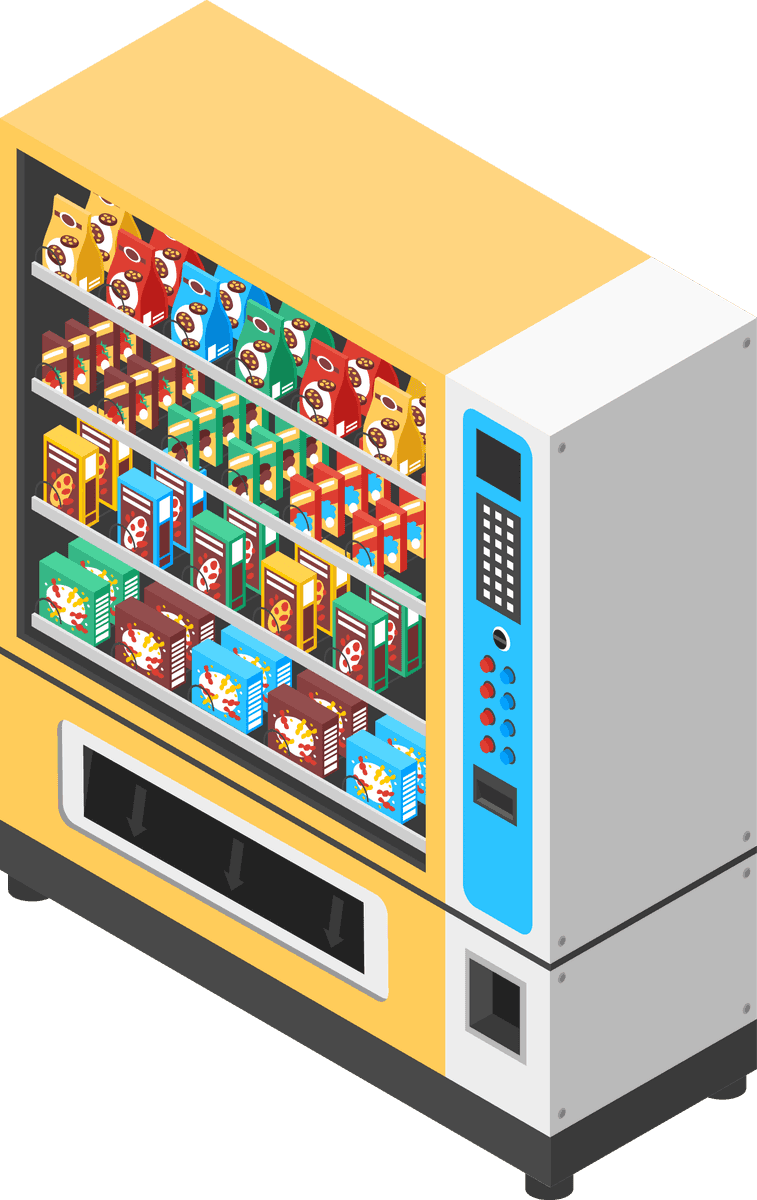 isometric vending machine and people enjoying snacks in a colorful setting