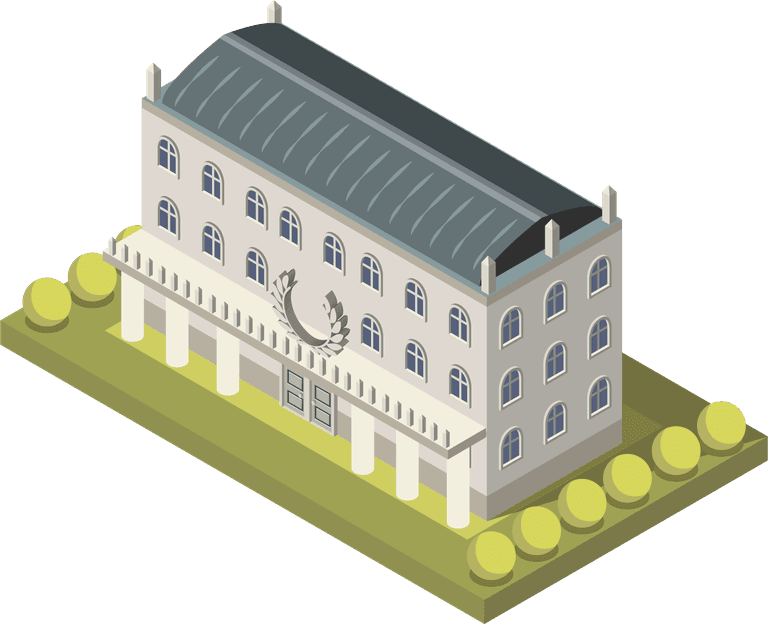 villa isometric university set featuring an elegant educational building with lush landscaping