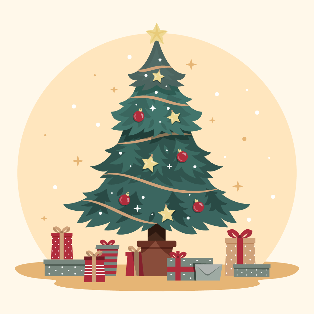 vintage christmas tree with gifts surrounded by snowflakes for festive celebrations