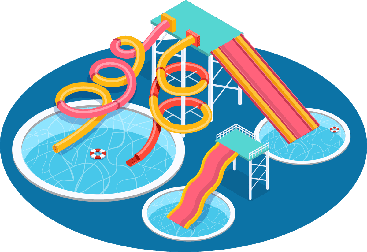 water park aquapark isometric flowchart showcasing thrilling water slides and pools