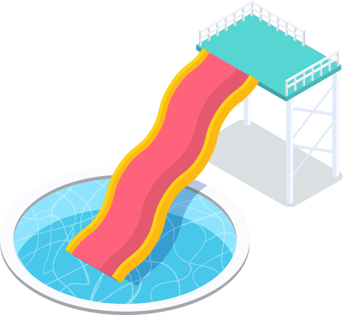 water park aquapark isometric icon featuring colorful slide and pool area