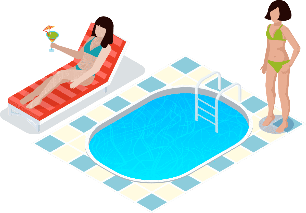 water park aquapark isometric icon featuring relaxing poolside scene and leisure activities