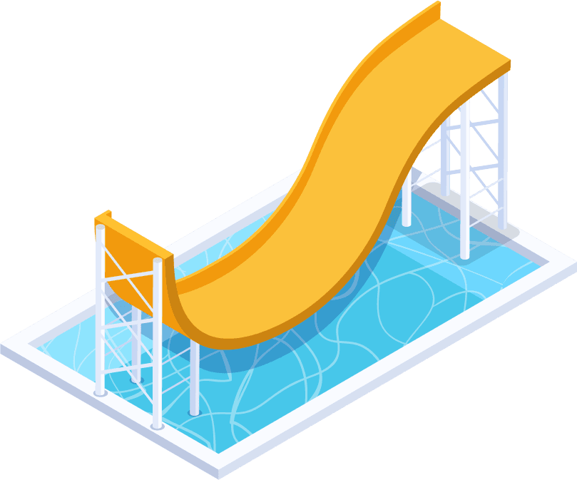 water park aquapark isometric icon featuring a thrilling yellow water slide and pool