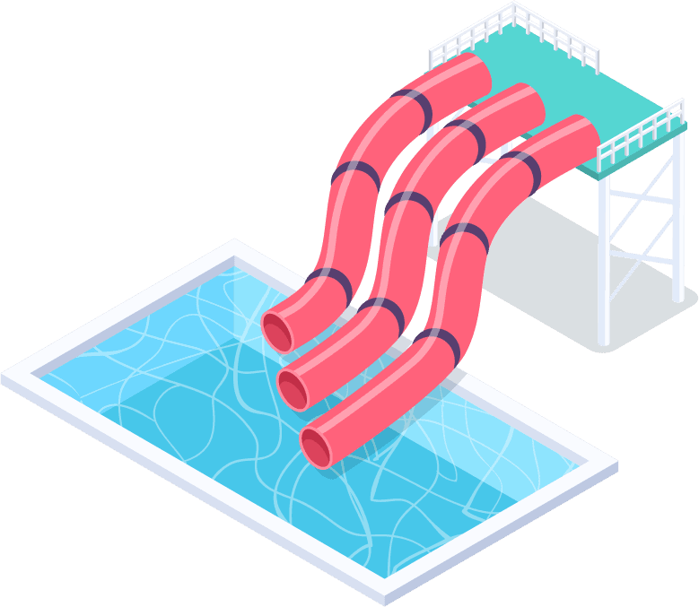 fun water park aquapark isometric icon featuring thrilling water slides and a pool