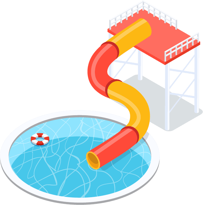 water park aquapark isometric icon featuring a vibrant waterslide and pool design