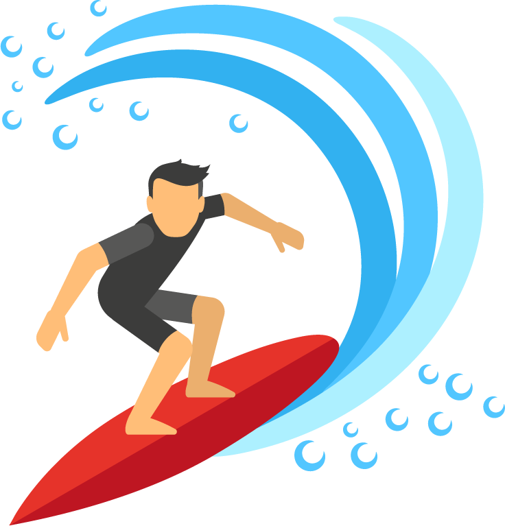water sport decorative icons featuring a dynamic surfer riding vibrant ocean waves