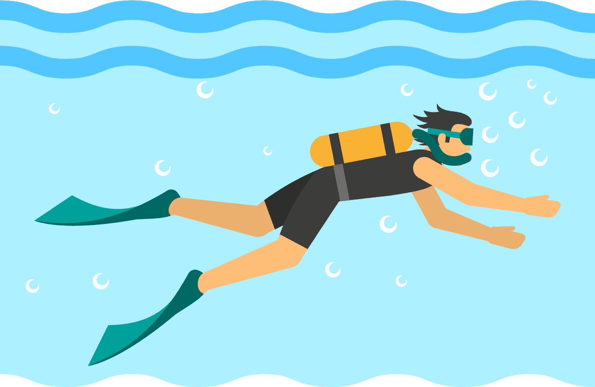 water sport decorative icons featuring a snorkeling diver surrounded by bubbles and waves