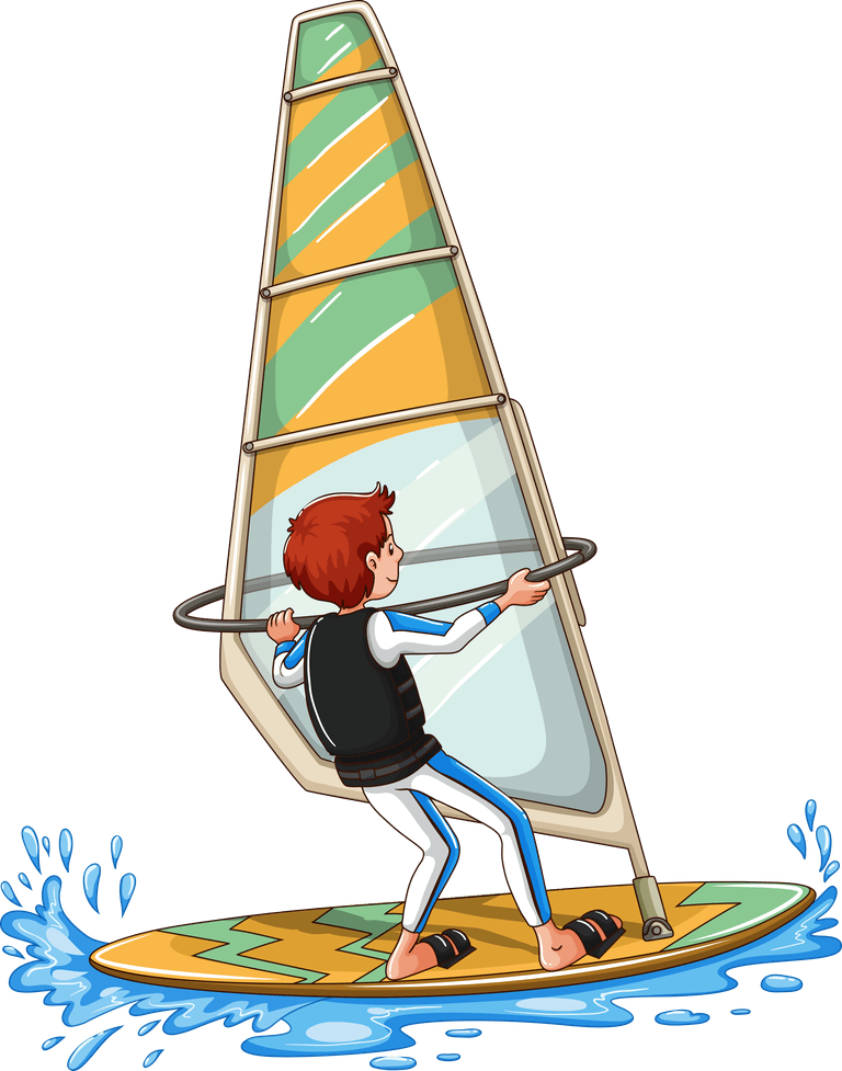 water kids sports clipart illustration featuring a child windsurfing on vibrant waters