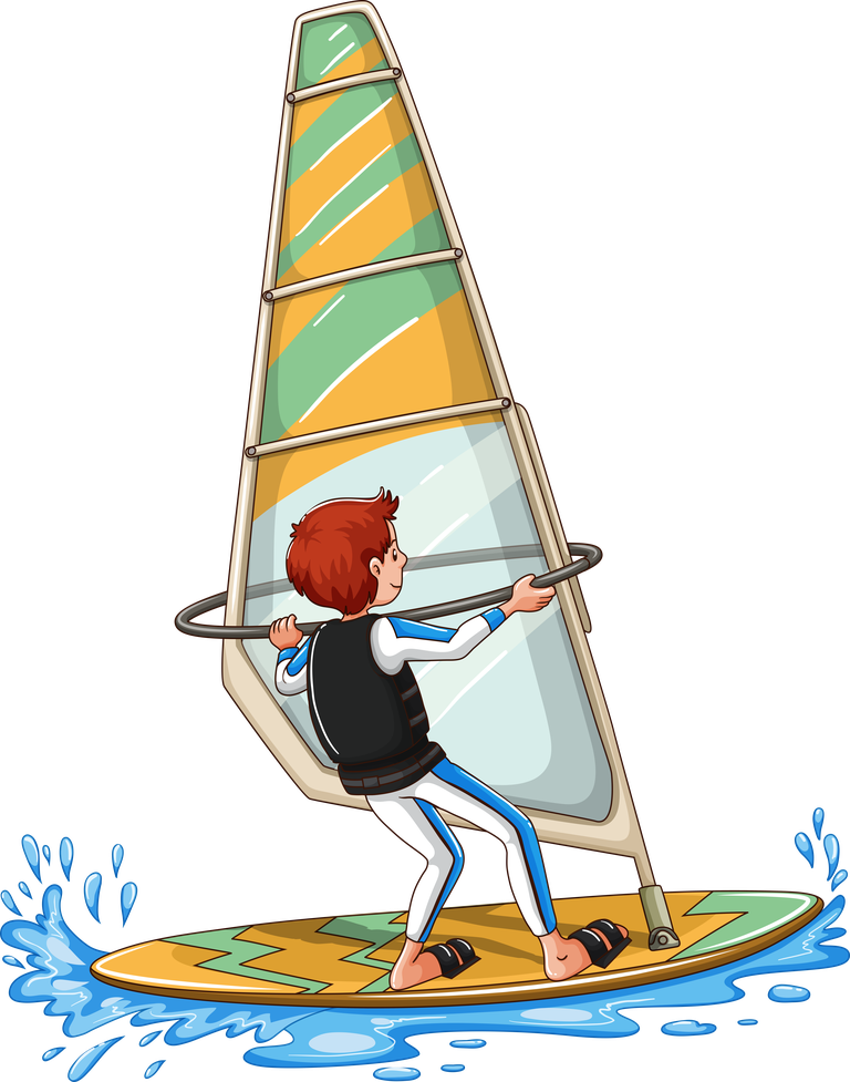 water kids sports clipart illustration featuring a child windsurfing on vibrant waters