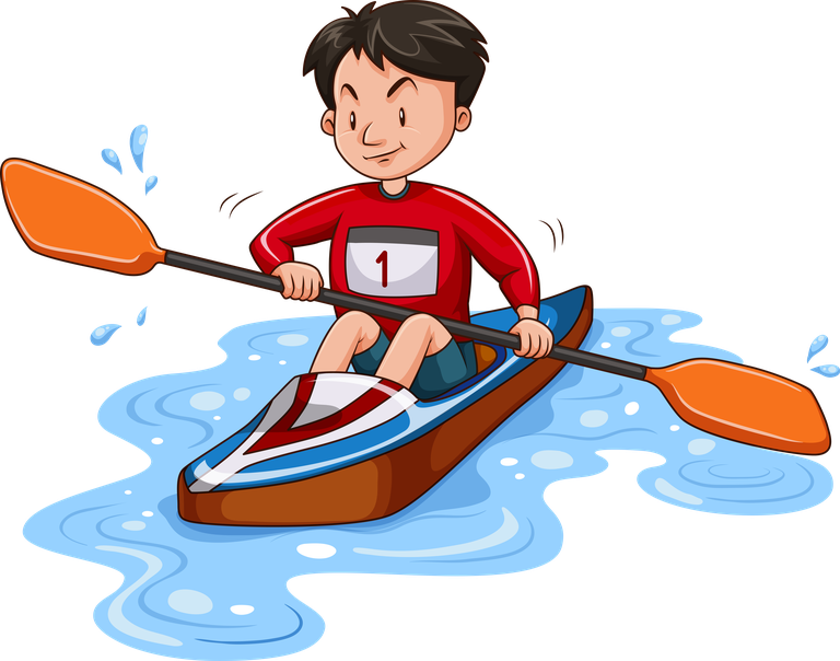 water kids sports clipart illustration featuring a cheerful boy kayaking on a lake