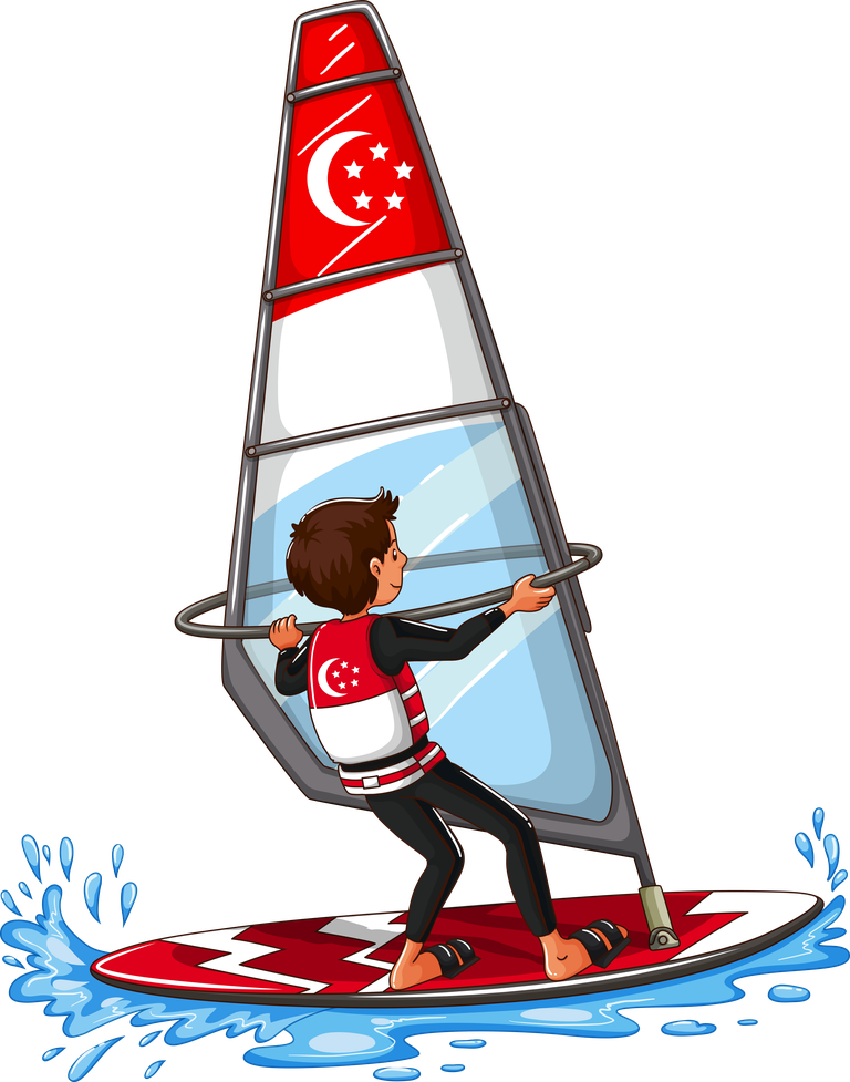 water kids sports clipart illustration featuring a young boy windsurfing with a colorful sail