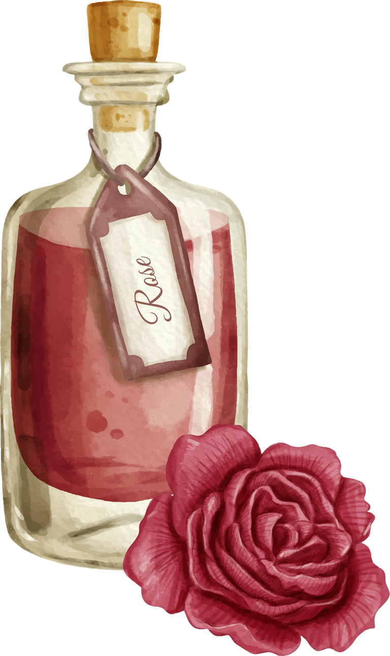watercolor essential oil bottle collection featuring rose essence in vintage style
