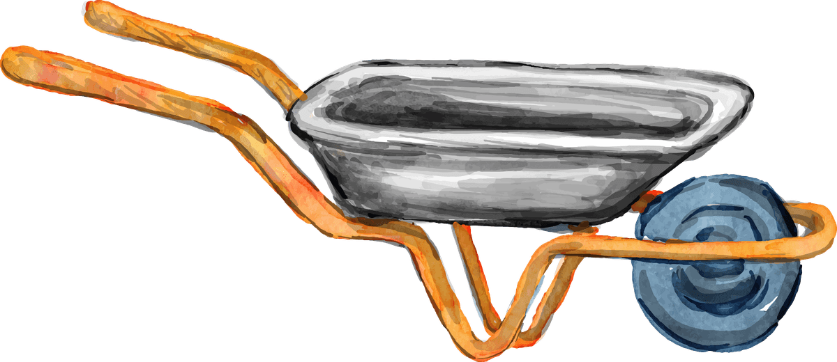 watercolor garden tool collection featuring a charming wheelbarrow for gardening tasks