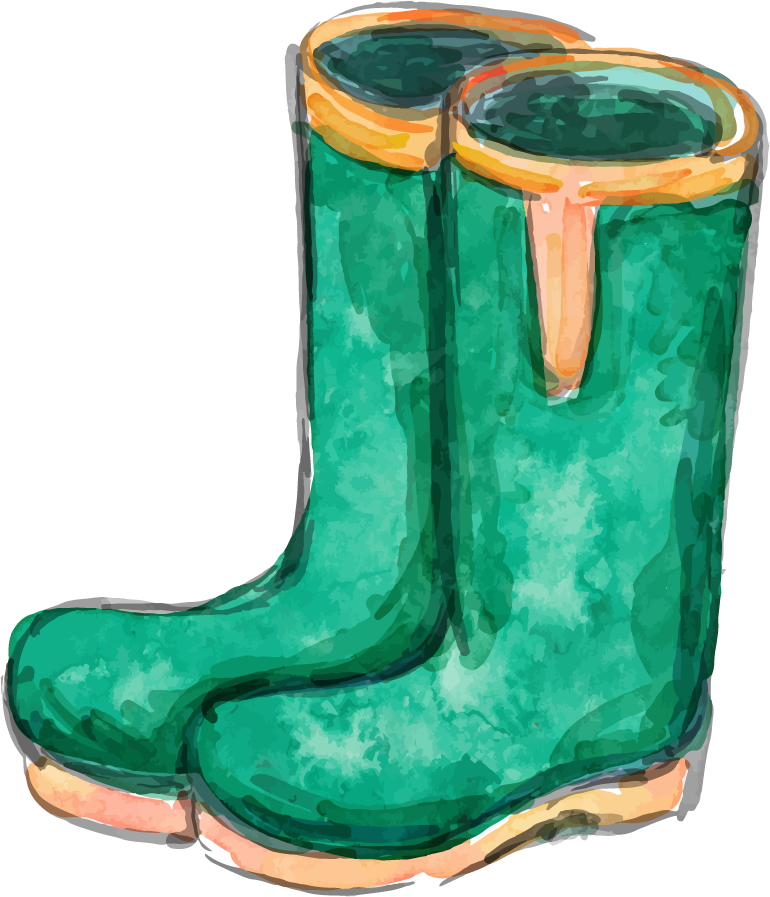 watercolor garden tool collection featuring vibrant green boots for gardening enthusiasts