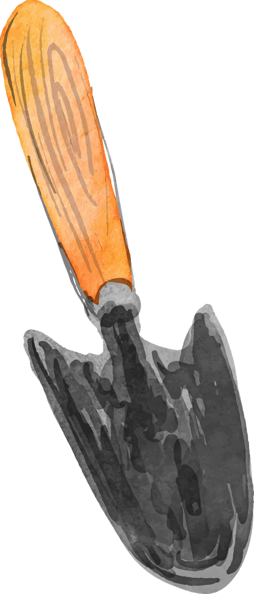 watercolor garden tool collection with hand-painted trowel for gardening enthusiasts and professionals