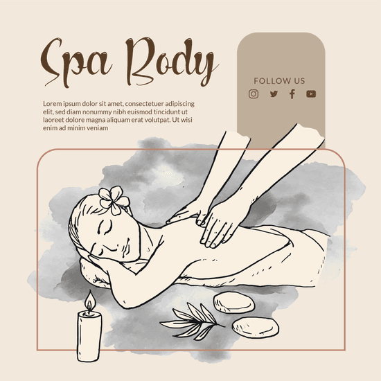 hand-drawn spa body treatment template with watercolor background for social media
