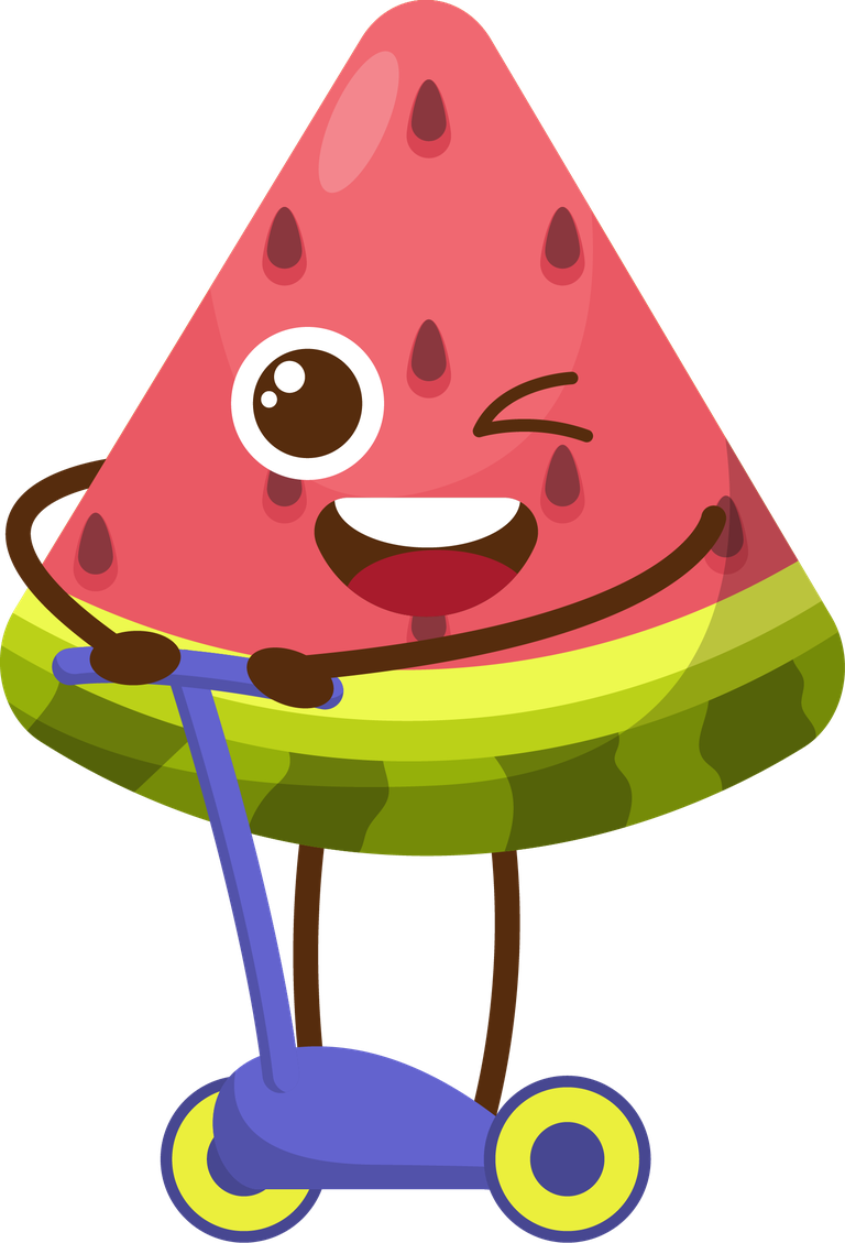 watermelon fruit cartoon mascot fun character riding a scooter for playful designs